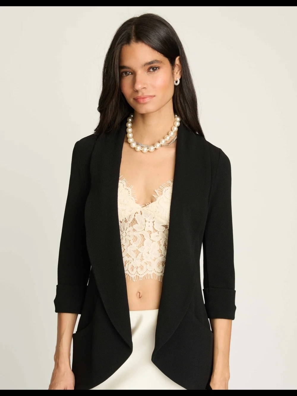 Women's Black Open-Front Draped Blazer with Three-Quarter Sleeves